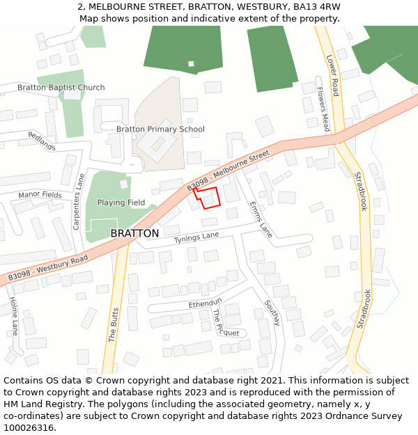 2, MELBOURNE STREET, BRATTON, WESTBURY, BA13 4RW: Location map and indicative extent of plot