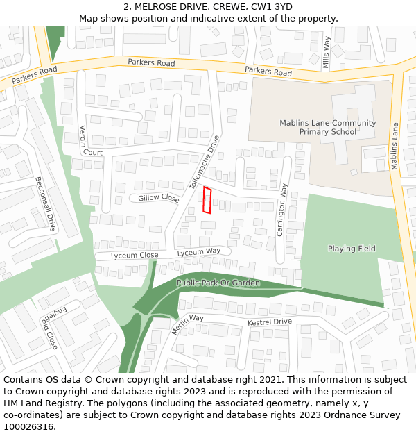 2, MELROSE DRIVE, CREWE, CW1 3YD: Location map and indicative extent of plot