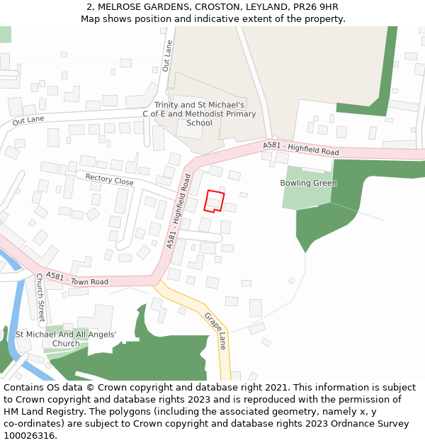 2, MELROSE GARDENS, CROSTON, LEYLAND, PR26 9HR: Location map and indicative extent of plot