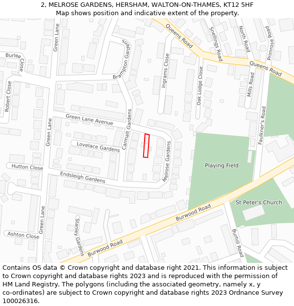 2, MELROSE GARDENS, HERSHAM, WALTON-ON-THAMES, KT12 5HF: Location map and indicative extent of plot