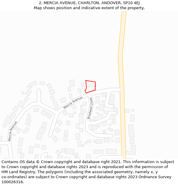 2, MERCIA AVENUE, CHARLTON, ANDOVER, SP10 4EJ: Location map and indicative extent of plot