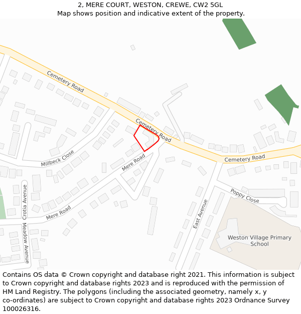 2, MERE COURT, WESTON, CREWE, CW2 5GL: Location map and indicative extent of plot