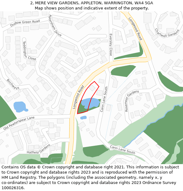 2, MERE VIEW GARDENS, APPLETON, WARRINGTON, WA4 5GA: Location map and indicative extent of plot