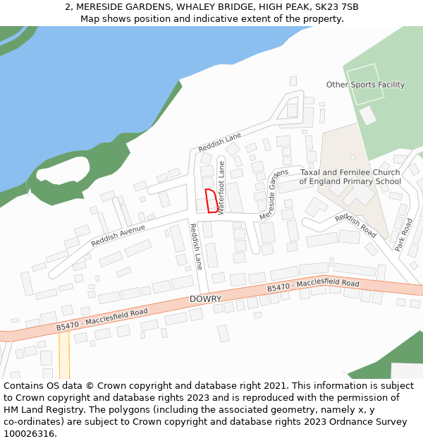 2, MERESIDE GARDENS, WHALEY BRIDGE, HIGH PEAK, SK23 7SB: Location map and indicative extent of plot