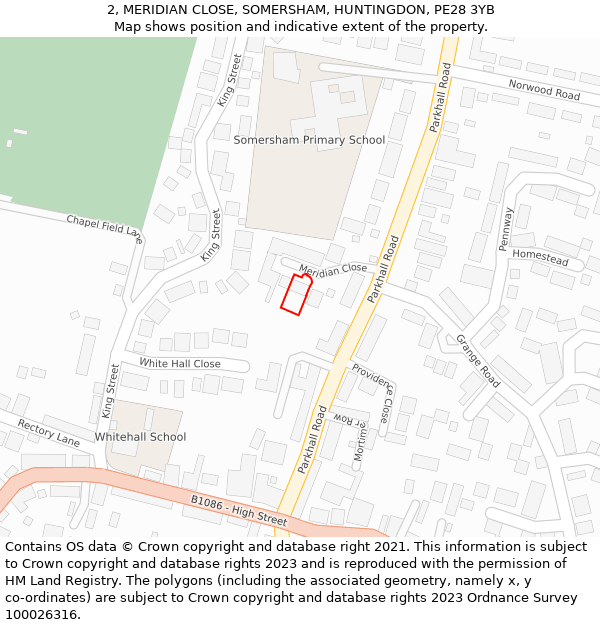 2, MERIDIAN CLOSE, SOMERSHAM, HUNTINGDON, PE28 3YB: Location map and indicative extent of plot