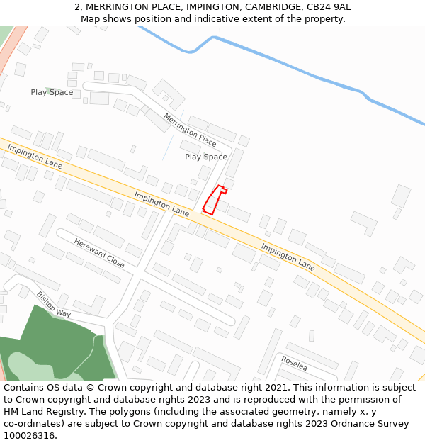 2, MERRINGTON PLACE, IMPINGTON, CAMBRIDGE, CB24 9AL: Location map and indicative extent of plot