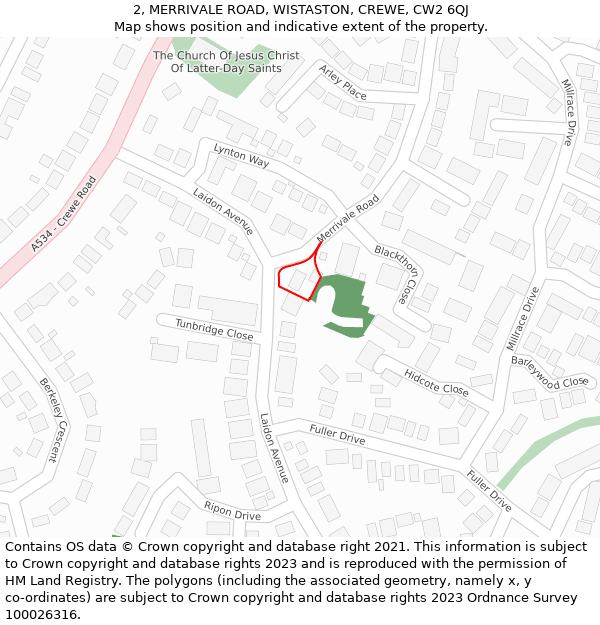 2, MERRIVALE ROAD, WISTASTON, CREWE, CW2 6QJ: Location map and indicative extent of plot