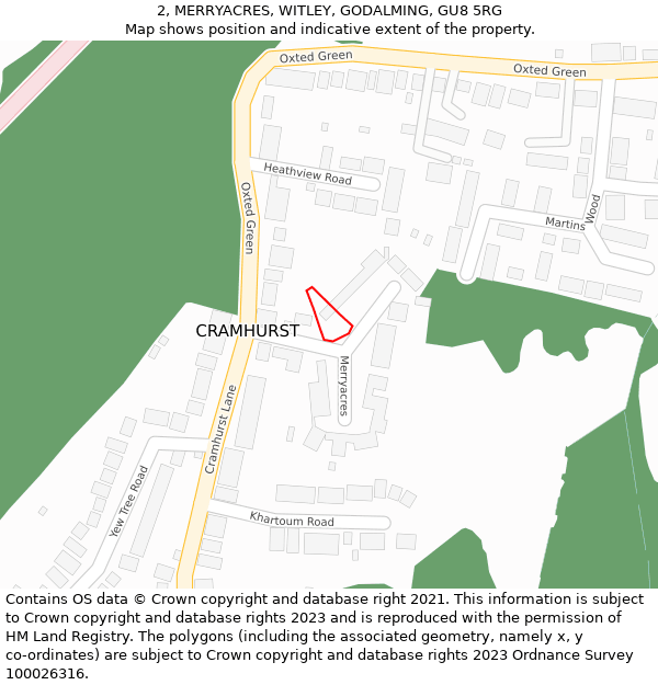 2, MERRYACRES, WITLEY, GODALMING, GU8 5RG: Location map and indicative extent of plot