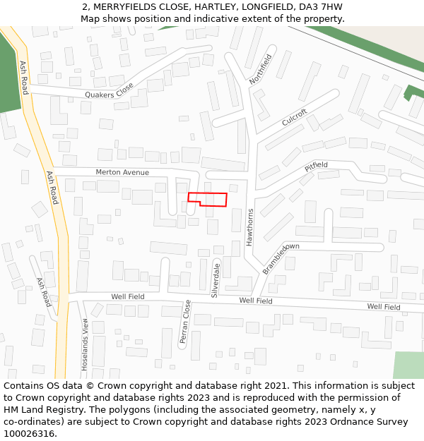 2, MERRYFIELDS CLOSE, HARTLEY, LONGFIELD, DA3 7HW: Location map and indicative extent of plot