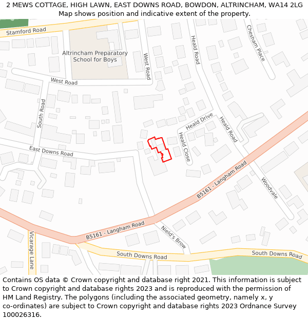 2 MEWS COTTAGE, HIGH LAWN, EAST DOWNS ROAD, BOWDON, ALTRINCHAM, WA14 2LG: Location map and indicative extent of plot