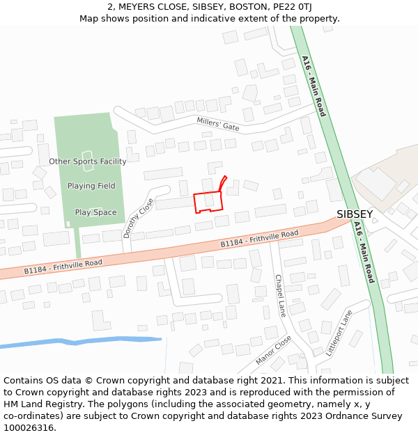 2, MEYERS CLOSE, SIBSEY, BOSTON, PE22 0TJ: Location map and indicative extent of plot