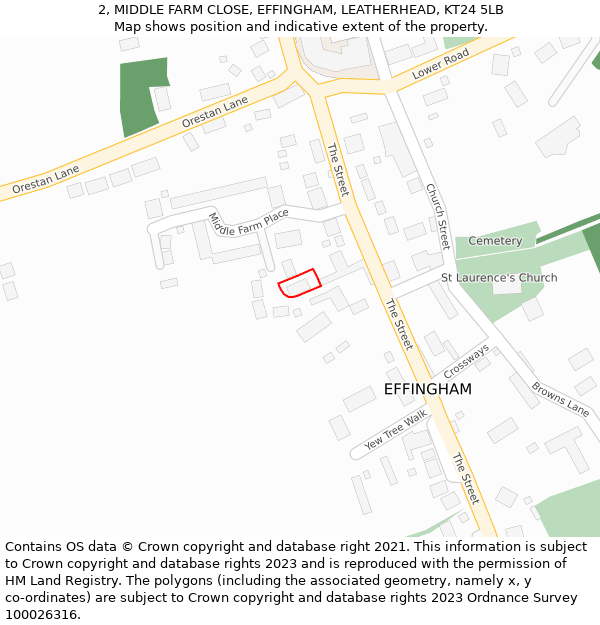 2, MIDDLE FARM CLOSE, EFFINGHAM, LEATHERHEAD, KT24 5LB: Location map and indicative extent of plot