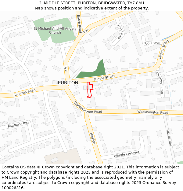 2, MIDDLE STREET, PURITON, BRIDGWATER, TA7 8AU: Location map and indicative extent of plot