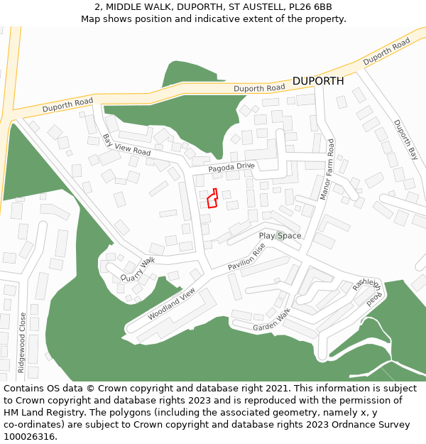 2, MIDDLE WALK, DUPORTH, ST AUSTELL, PL26 6BB: Location map and indicative extent of plot