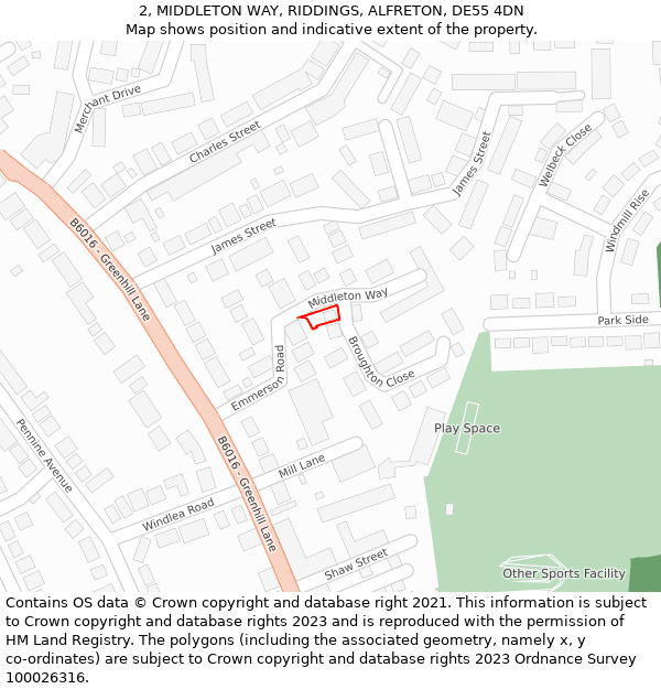 2, MIDDLETON WAY, RIDDINGS, ALFRETON, DE55 4DN: Location map and indicative extent of plot