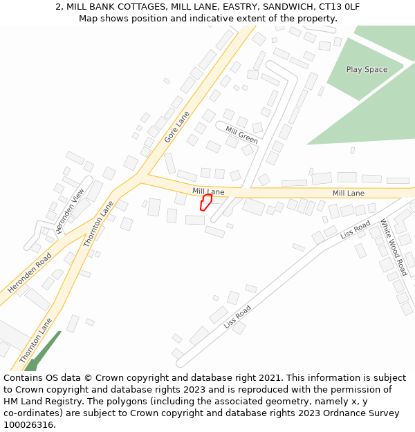 2, MILL BANK COTTAGES, MILL LANE, EASTRY, SANDWICH, CT13 0LF: Location map and indicative extent of plot