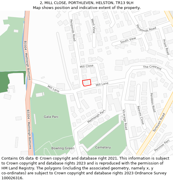 2, MILL CLOSE, PORTHLEVEN, HELSTON, TR13 9LH: Location map and indicative extent of plot