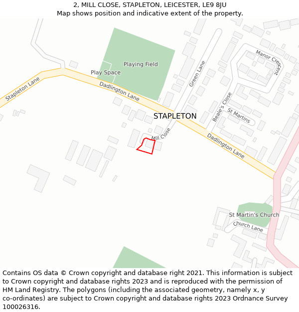 2, MILL CLOSE, STAPLETON, LEICESTER, LE9 8JU: Location map and indicative extent of plot