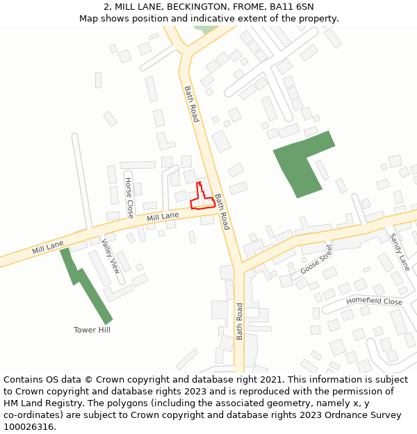 2, MILL LANE, BECKINGTON, FROME, BA11 6SN: Location map and indicative extent of plot