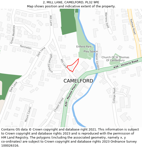 2, MILL LANE, CAMELFORD, PL32 9PE: Location map and indicative extent of plot