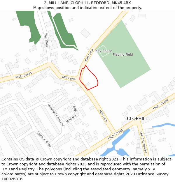 2, MILL LANE, CLOPHILL, BEDFORD, MK45 4BX: Location map and indicative extent of plot