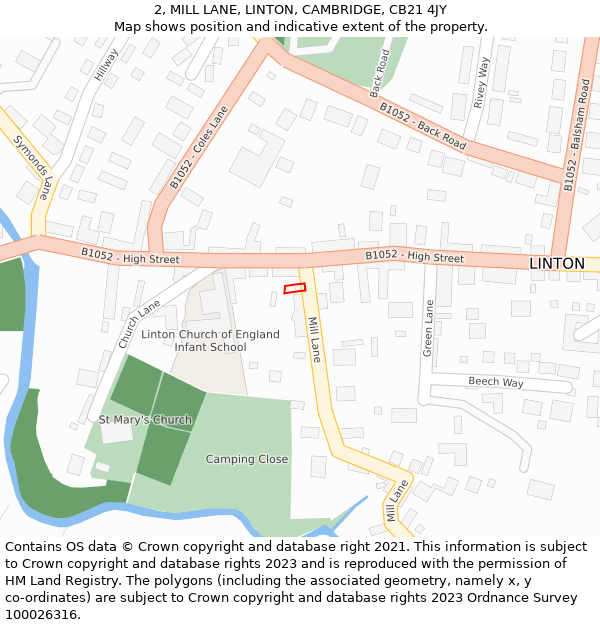 2, MILL LANE, LINTON, CAMBRIDGE, CB21 4JY: Location map and indicative extent of plot