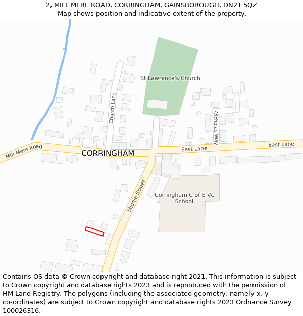 2, MILL MERE ROAD, CORRINGHAM, GAINSBOROUGH, DN21 5QZ: Location map and indicative extent of plot