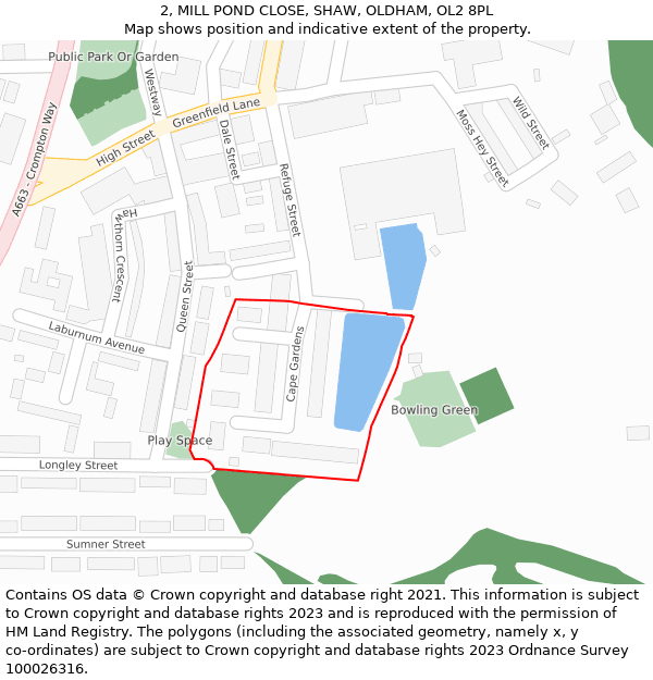 2, MILL POND CLOSE, SHAW, OLDHAM, OL2 8PL: Location map and indicative extent of plot