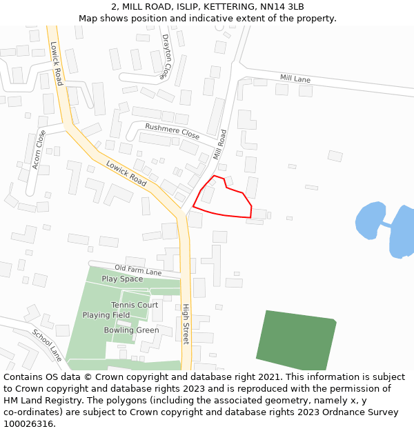 2, MILL ROAD, ISLIP, KETTERING, NN14 3LB: Location map and indicative extent of plot