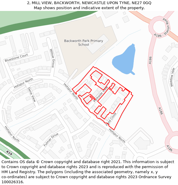 2, MILL VIEW, BACKWORTH, NEWCASTLE UPON TYNE, NE27 0GQ: Location map and indicative extent of plot