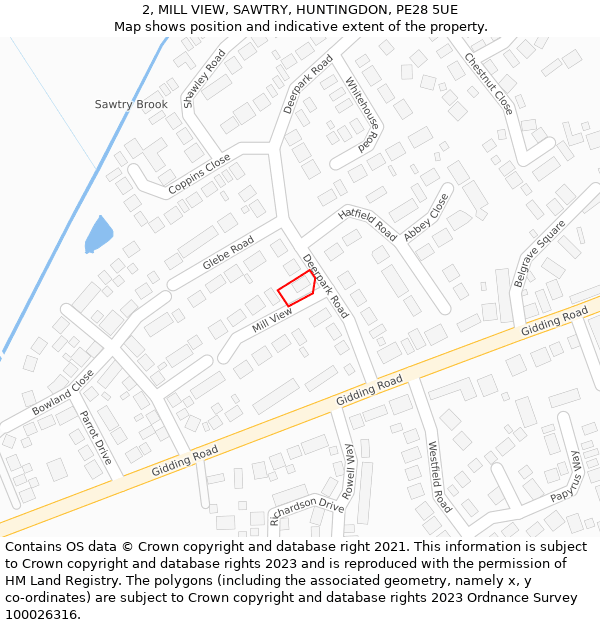 2, MILL VIEW, SAWTRY, HUNTINGDON, PE28 5UE: Location map and indicative extent of plot