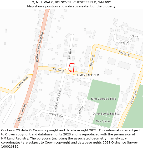 2, MILL WALK, BOLSOVER, CHESTERFIELD, S44 6NY: Location map and indicative extent of plot