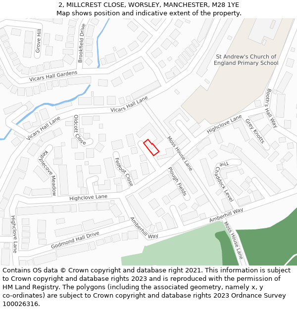 2, MILLCREST CLOSE, WORSLEY, MANCHESTER, M28 1YE: Location map and indicative extent of plot