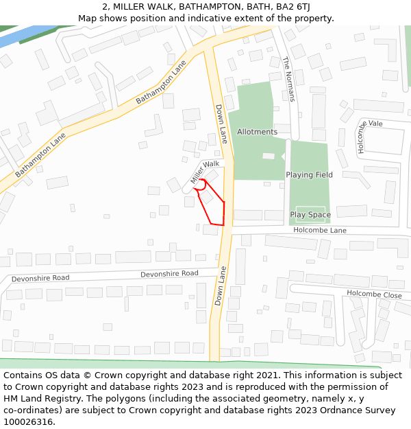 2, MILLER WALK, BATHAMPTON, BATH, BA2 6TJ: Location map and indicative extent of plot