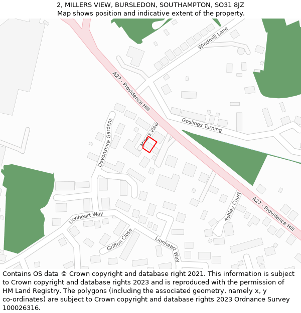 2, MILLERS VIEW, BURSLEDON, SOUTHAMPTON, SO31 8JZ: Location map and indicative extent of plot