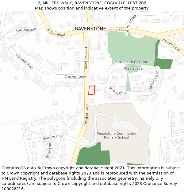 2, MILLERS WALK, RAVENSTONE, COALVILLE, LE67 2BZ: Location map and indicative extent of plot