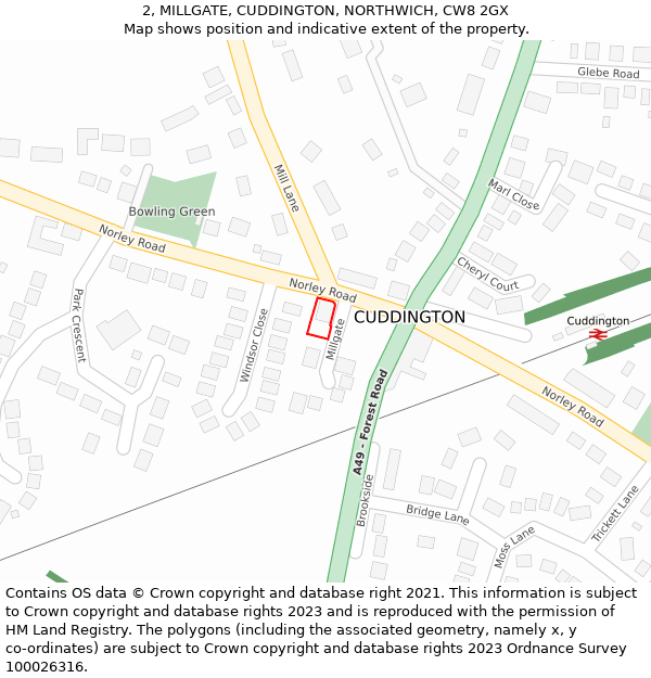 2, MILLGATE, CUDDINGTON, NORTHWICH, CW8 2GX: Location map and indicative extent of plot