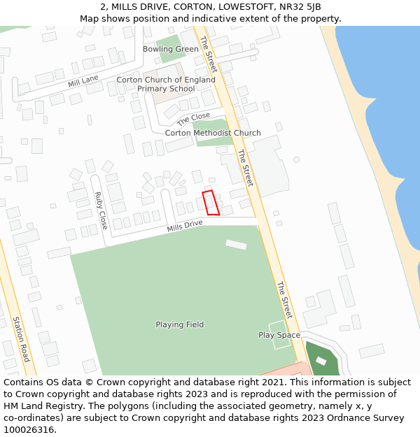 2, MILLS DRIVE, CORTON, LOWESTOFT, NR32 5JB: Location map and indicative extent of plot