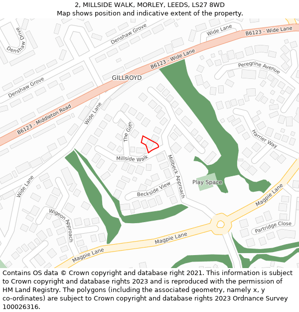 2, MILLSIDE WALK, MORLEY, LEEDS, LS27 8WD: Location map and indicative extent of plot