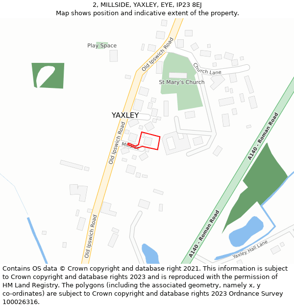 2, MILLSIDE, YAXLEY, EYE, IP23 8EJ: Location map and indicative extent of plot