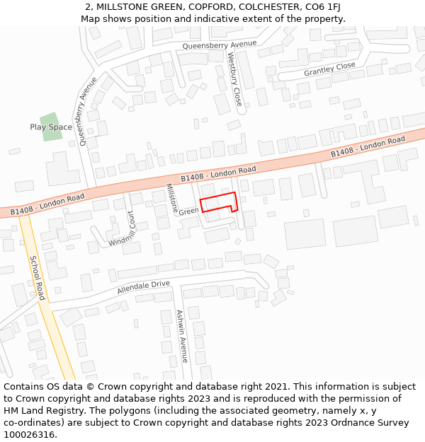 2, MILLSTONE GREEN, COPFORD, COLCHESTER, CO6 1FJ: Location map and indicative extent of plot