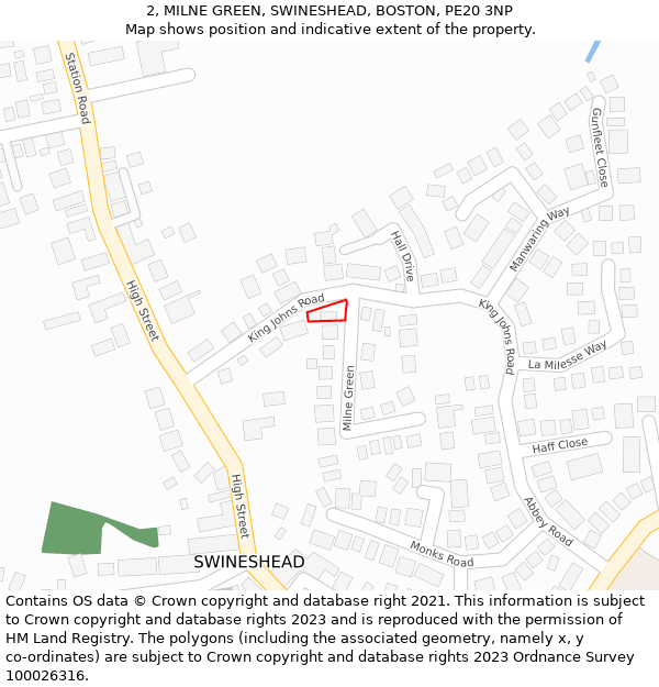 2, MILNE GREEN, SWINESHEAD, BOSTON, PE20 3NP: Location map and indicative extent of plot