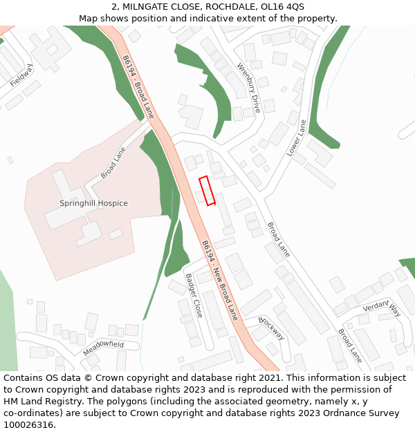 2, MILNGATE CLOSE, ROCHDALE, OL16 4QS: Location map and indicative extent of plot