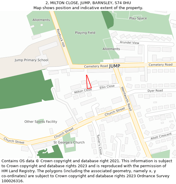 2, MILTON CLOSE, JUMP, BARNSLEY, S74 0HU: Location map and indicative extent of plot