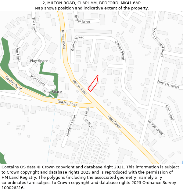 2, MILTON ROAD, CLAPHAM, BEDFORD, MK41 6AP: Location map and indicative extent of plot