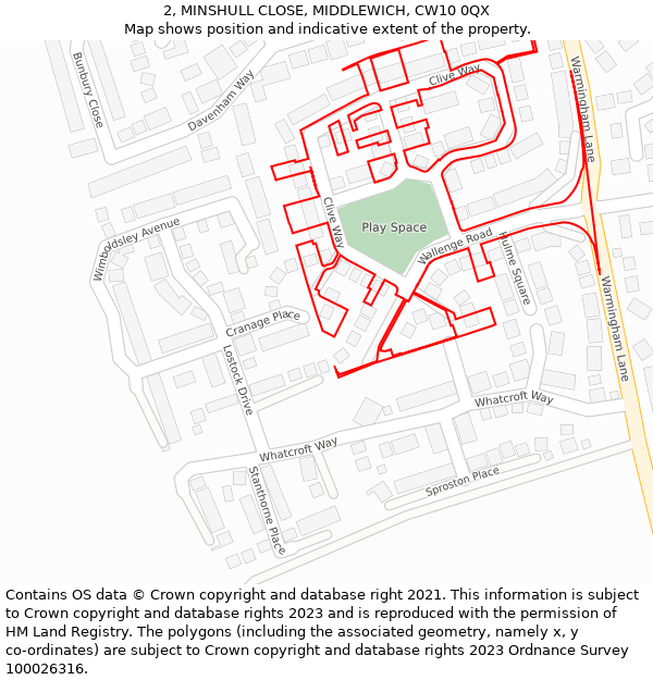 2, MINSHULL CLOSE, MIDDLEWICH, CW10 0QX: Location map and indicative extent of plot