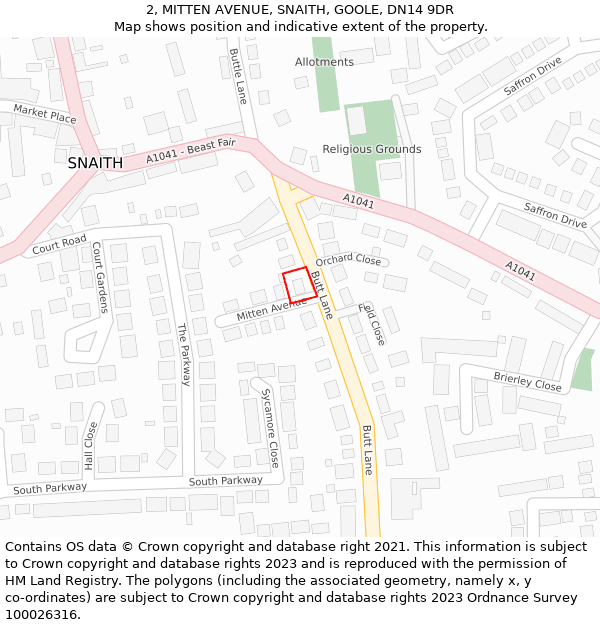 2, MITTEN AVENUE, SNAITH, GOOLE, DN14 9DR: Location map and indicative extent of plot