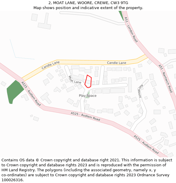 2, MOAT LANE, WOORE, CREWE, CW3 9TG: Location map and indicative extent of plot
