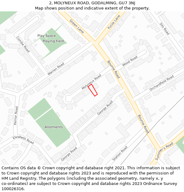 2, MOLYNEUX ROAD, GODALMING, GU7 3NJ: Location map and indicative extent of plot