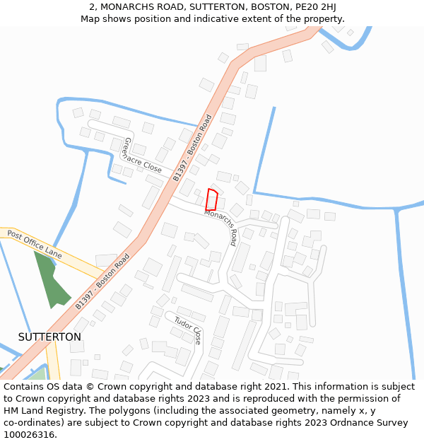2, MONARCHS ROAD, SUTTERTON, BOSTON, PE20 2HJ: Location map and indicative extent of plot